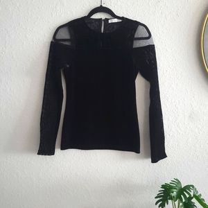 Anne Fontaine Black Velour And Lace Long Sleeve Cut Out Illusion Top